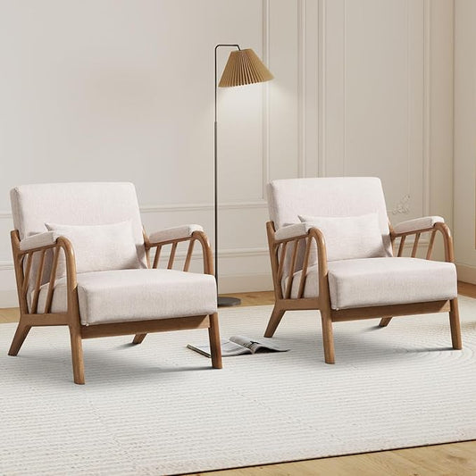 Mid Century Modern Accent Chair with Solid Wood Frame, Upholstered Living Room Chairs with Lumbar Cushion Padded Arms, Reading Armchair for Bedroom Set of 2, Linen Beige