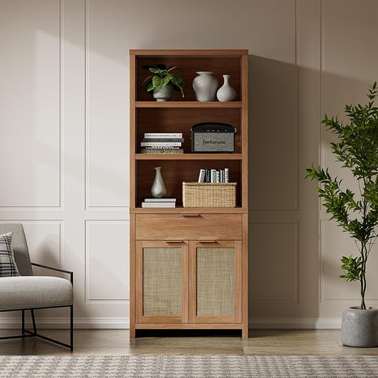 Hampstead Bookcase, Rattan Bookcase with Doors Cabinet and Drawer, 5-Tier Bookshelf, Large Wooden Book Case, Tall Bookshelves for Library Living Room (Weathered Oak, 1 Piece)