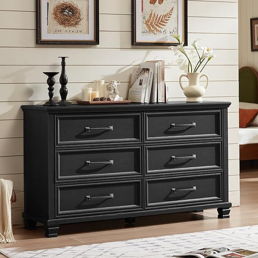 Farmhouse Bedroom Dresser and Nightstand Set of 4, 6 Drawer Tall & Low Dresser & 2 Drawer Nightstand Set, Rustic Wood Bedroom Furniture Set for Livingroom, Hallway, Black