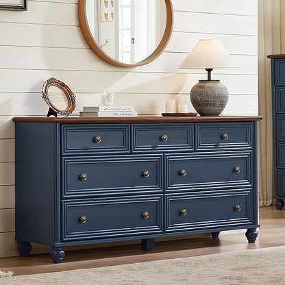 7 Drawers Dresser for Bedroom, Farmhouse 54" Wide Wood Dressers Chest of Drawers, Vintage Design TV Stand, Rustic Storage Dresser Organizer with Metal Handle Closet for Living Room, Hallway
