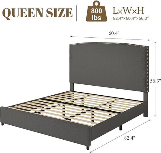 Queen Size Upholstered Platform Bed Frame with 56" Headboard, Soft Boucle Fabric, Mid-Century Modern Design, No Box Spring Required, Easy Assembly, Grey