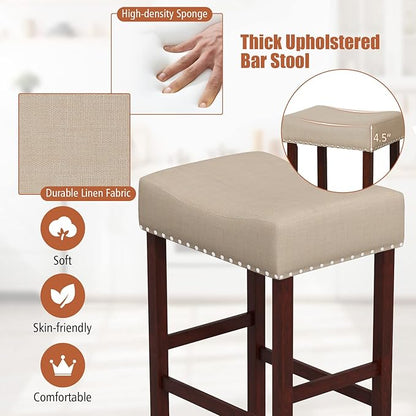 COSTWAY Set of 4 Bar Stools, 29.5-inch Backless Saddle Stools with Nailhead Trim, Rubber Wood Frame, Footrest, Max Load 330 lbs, Upholstered Barstools for Kitchen Island Pub, Beige