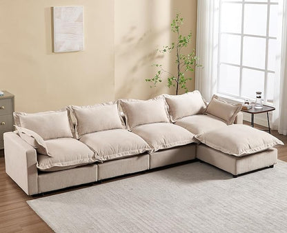 chairus 126" Modular Sectional Sofa with Moveable Ottoman Upholstered Deep Seat Linen Couch Set with Soft Pillows L-Shape Sofa Couch for Living Room, Apartment, Reception Room, 4-Seater/Oatmeal