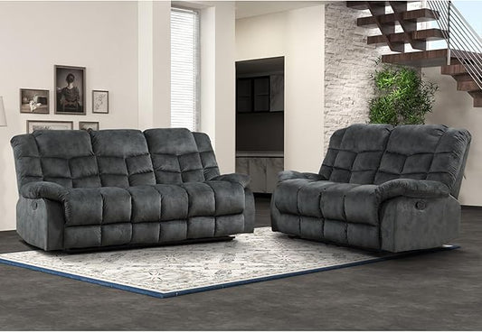 EBELLO Reclining Sofa Furniture Set, Loveseat Recliner Sofa and 3PC Bonded Manual Recliner Set for Living Room, Grey Green (Loveseat+Sofa)