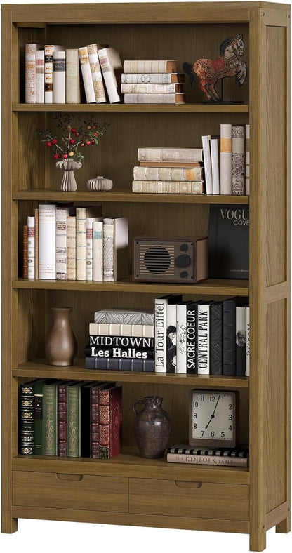 TVU 5-Tier Solid Wood Bookshelf with 2 Drawers, 72-inch Tall Standing Bookcase, 17.7" Wide Open Display Shelf for Living Room, Study, Office Storage, Deep Wood Color (72" H × 32.3" W × 11.8" D)
