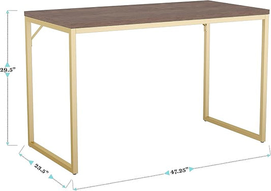 Martha Stewart Noah Home Office Parsons Desk in Walnut Wood Grain with Polished Brass Metal Frame