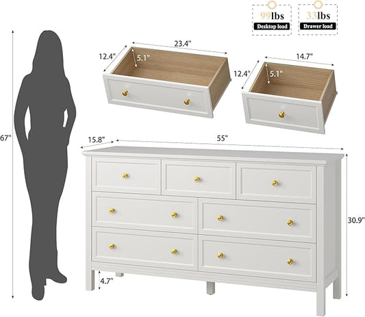 LYNSOM White Dresser for Bedroom with 7 Drawers, Modern Wide Chest of Storage Drawer with Gold Handles, TV Stand Dresser, Wood Dressers for Bedroom Living Room, Hallway, Entryway, 55’’