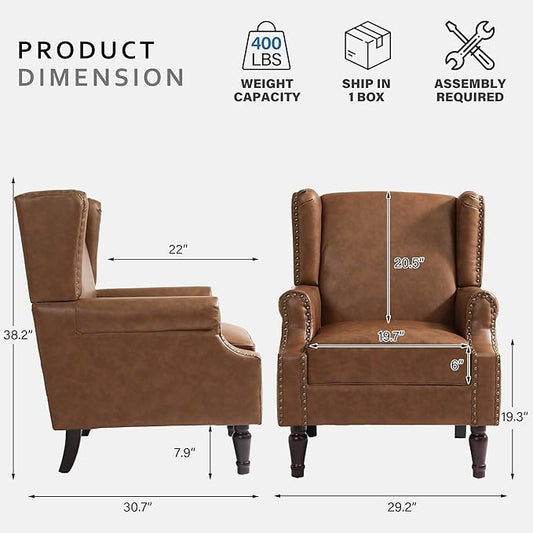 Lumibee Accent Chair, Faux Leather High Back Armchair or Living Room, Comfy Upholstered Single Sofa Reading Chair with Solid Wood Legs for Office, Bedroom, Waiting Room-Brown