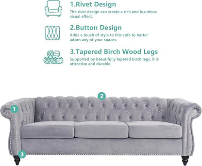 Home Sofa Living Room Furniture, 3 Seater 84" Velvet Upholstered Couch, Mid Century Modern Comfy Couch with Cushions, Classic Tufted Chesterfield Couches for Bedroom, Office, Apartment (Grey)