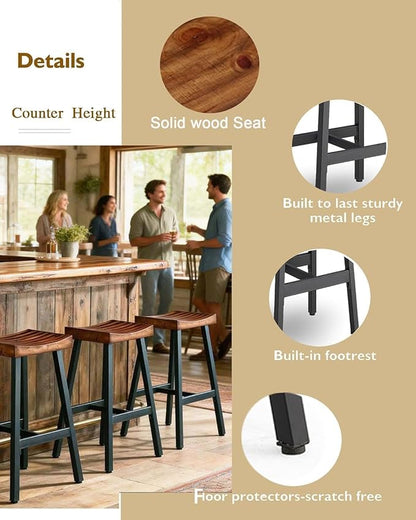 OUllUO Bar Stools Set of 3, Backless Saddle Barstools, 25" Counter Height Bar Stools, Solid Wood Counter Stools with Metal Frame, 521P-BBWD3