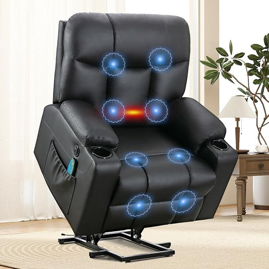 ANJ Black Power Lift Recliner Chair for Elderly with Heat & Massage, Faux Leather Electric Recliner Sofa with USB Port, Cup Holders & Side Pockets, Heavy Duty Reclining Chair for Seniors