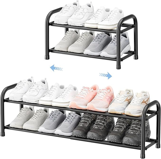 ENJOYBASICS Expandable Shoe Rack, 2 Tier Adjustable Shoe Organizer Shelf for Closet, Black Metal Free Standing Shoe Rack Storage for Small Space, Entryway