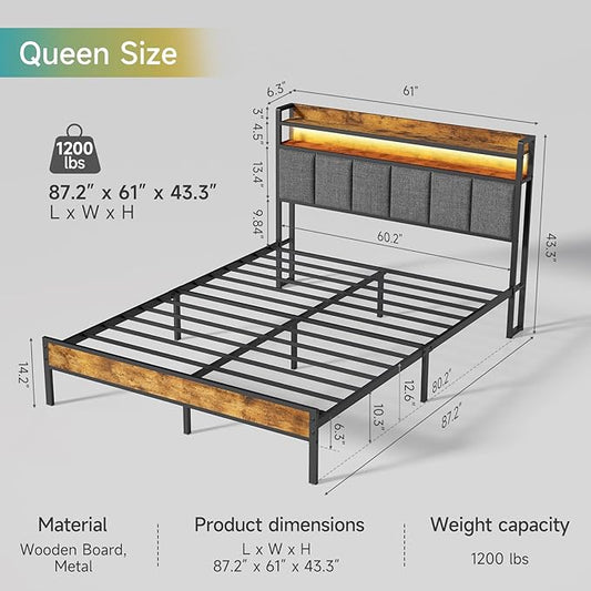 Z-hom Queen Bed Frames, Queen Bed Frame with 2-Tier Storage Upholstered Headboard, Metal Platform with USB Charging Station & LED Lights, Noise Free, No Box Spring Needed, Easy Assembly, Vintage Brown