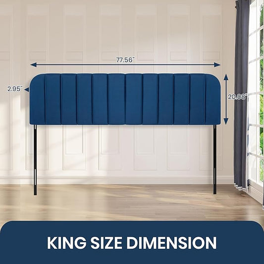 Upholstered Headboard - Striped Interval - Adjustable Height - Metal Legs - Bed Frame (Blue, King (U.S. Standard))