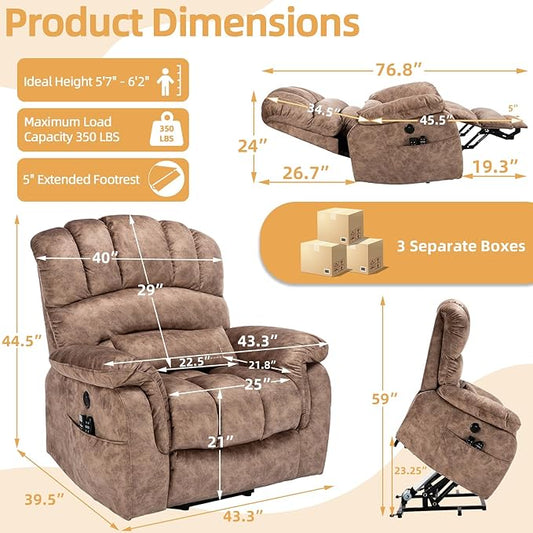 Tall Man Oversized Dual Motor Power Lift Recliner w/Heat Massage, Large Lay Flat Sleeper Electric Recliner with Extended Footrest for Elderly, Lumbar Pillow, USB & Type-C Ports, Plush-Brown