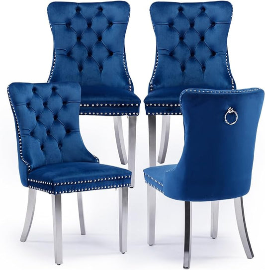 Velvet Upholstered Dining Chairs Set of 4, Modern Style Kitchen Side Chairs with Nailhead Trim and Silver Plated Leg, Metal Pulling Ring for Dining Room Living Room