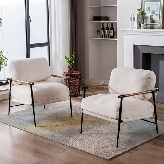HEAH-YO Modern Accent Chairs Set of 2, Upholstered Lambwool Living Room Chairs with Backrests, Comfy Reading Armchairs for Bedroom, White