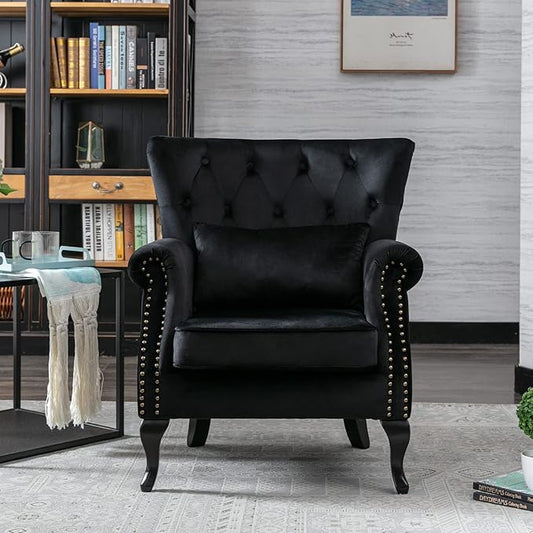 chairus Mid-Century Modern Accent Chairs Set of 2, Comfy Tufted Single Sofa Chair Wingback Armchair with Pillow for Club, Living Room, Bedroom - Velvet, Black