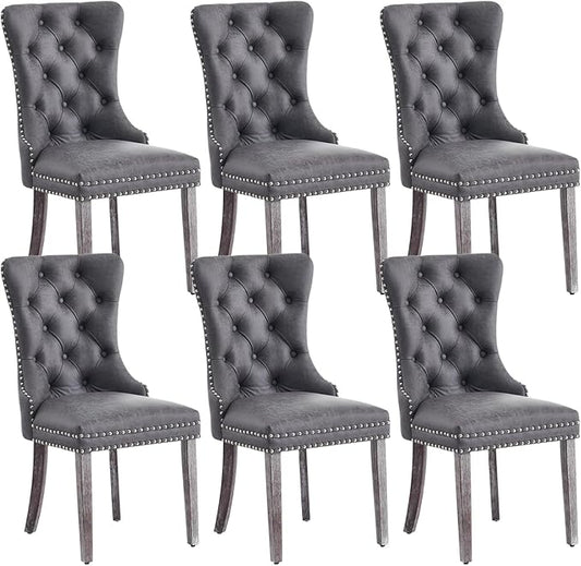 Leather Dining Chair Set of 6, Dining Room Chairs with Nailhead Ring Pull Trim, Upholstered Dining Chairs with Solid Wood Legs for Kitchen Dining Room (Grey)