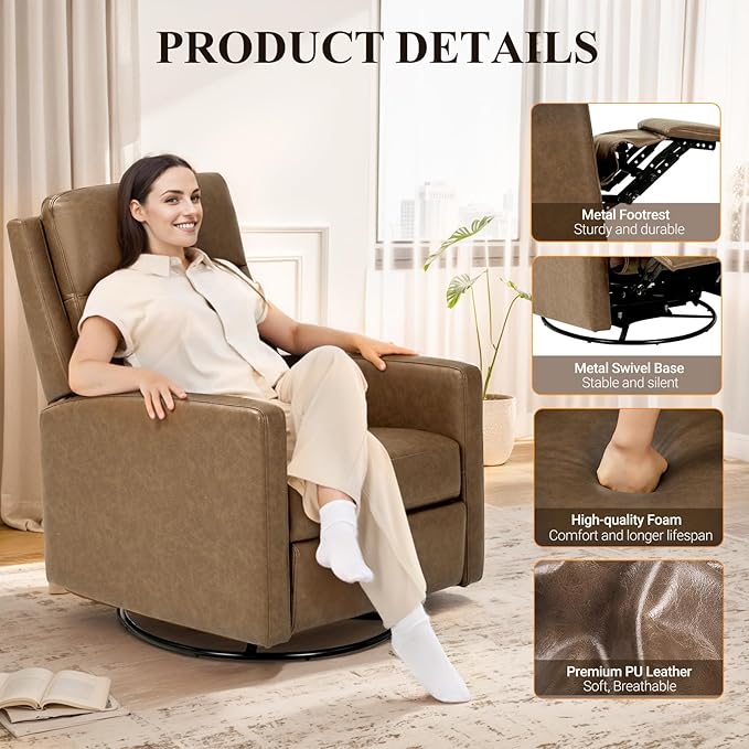 COLAMY Recliner Chair Set of 2, PU Leather 360° Swivel Rocker Recliner, Nursery Glider Recliner with Ergonomic High Backrest and Upholstered Deep Seat for Living Room, Bedroom, Color Brown