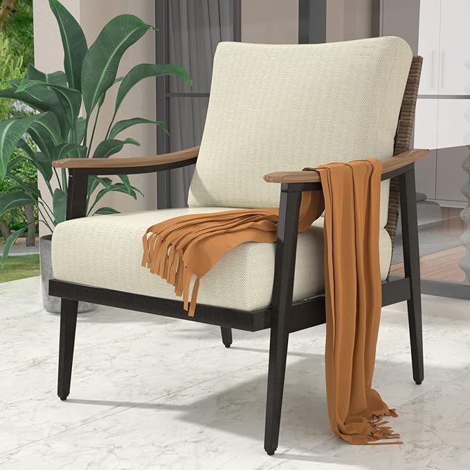 NATURAL EXPRESSIONS Patio Sofa Outdoor Furniture Metal Chair with Wicker Backrest & 6 Inches Cushion for Front, Porch, Deck, Balcony, Backyard, Sunroom, 27"(L) x 29.75"(W) x 33.86"(H).