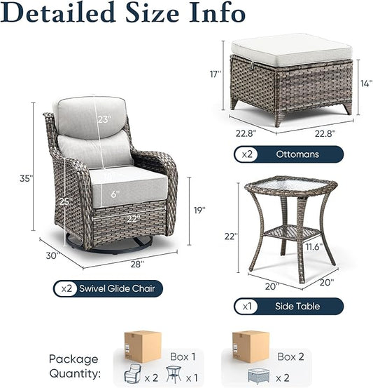 Belord Luxury 6" Thick Cushioned 5 Pieces Patio Furniture Set with 2 Ottomans, Wicker Outdoor Conversation Set with High Back Swivel Rocker Patio Chairs for Deck Porch Yard and Poolside - Grey+Beige