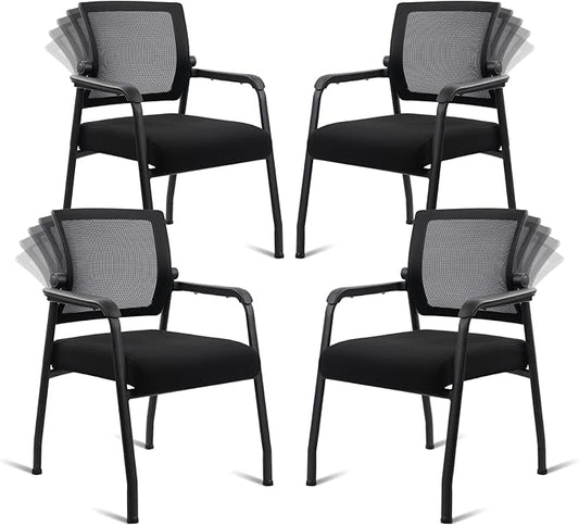 4PK Office Guest Chairs No Wheels | Ergonomic Lumbar Support and Thicked Seats Cushion, Desk Chair with Adjustable Mesh Back for Waiting Room School Church Reception，Black
