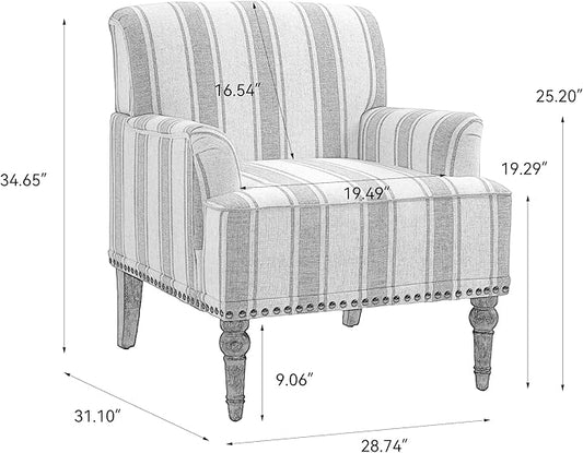 Pia Ricco Stripe Accent Chair-Modern Nailhead Trim & Wood Legs Armchair - Comfy Living Room, Bedroom, or Home Office Seating-Blue