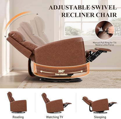 COLAMY Swivel Rocking Recliner,Wide PU Leather Glider Sofa Chair with Ergonomic High Backrest for Living Room, Office, Bedroom（Cocoa）