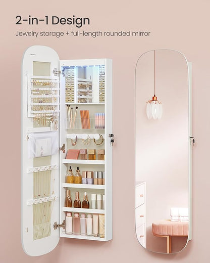 SONGMICS Jewelry Organizer, LED Jewelry Cabinet Wall/Door Mounted, Lockable Rounded Wide Mirror with Storage, Christmas Gift, 3.9 x 16.5 x 55 Inches, White Surface with Greige Lining