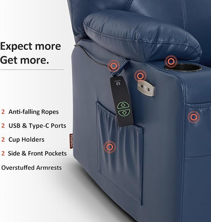 MCombo Extra Wide Power Lift Recliner Chair for Elderly, Lift Chair with Heat and Massage for Big People, USB&Type C Ports, Cup Holders, Faux Leather R7045 (Blue, Medium-Wide)