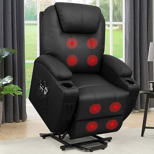 Flamaker Power Lift Recliner Chair Electric Lift Recliner for Elderly Power Lift Recliner Chair with Cup Holders Side Pockets for Living Room (Leather, Dark Black)