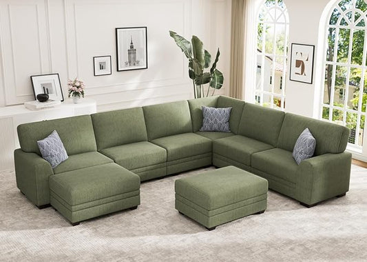 Wanderwell Oversized Modular Sectional Sofa, 8-Seater U Shaped Couches with Movable Ottoman,Corduroy Sectional Couch with Wide and Deep Seats Suitable for Living Room,Bedroom,Apartment (Olive, U-8)