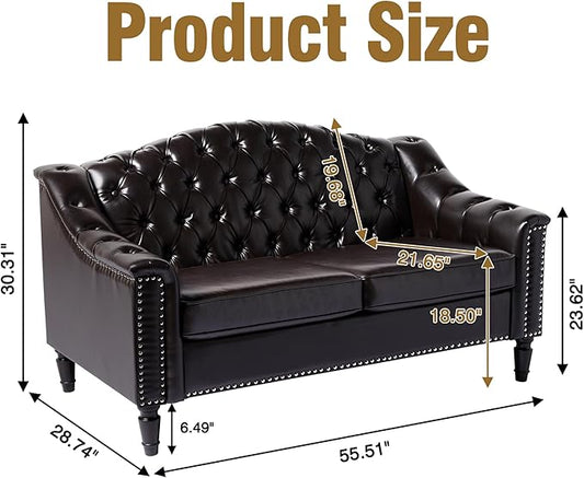 LEVNARY Chesterfield Loveseat Leather, Upholstered Sofa with Button-Tufted Back, Mid-Century Modern Sofa with Solid Wood Legs, 2 Seater Couches for Living Room (Brown)