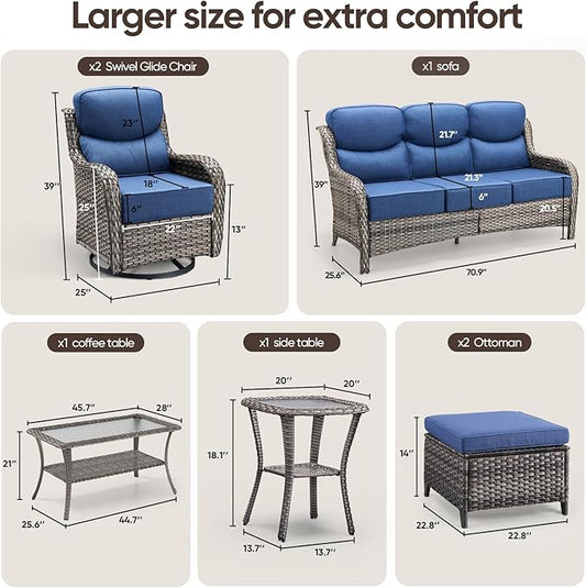 Swivel Patio Chairs sofa Set of 7 with 6" Thick Cushion - Wicker Outdoor Swivel Rocker Patio Chair ,Sofa/Glass coffee table, High Back Comfortable Outdoor Glider Chairs - Gery Wicker Blue Cushions