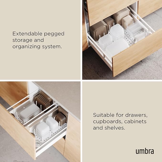 Umbra Peggy Kitchen Cupboard, Shelf and Drawer Organizer Tray - Adjustable Storage System, White
