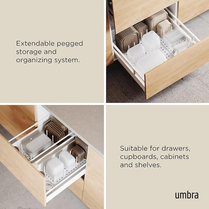 Umbra Peggy Kitchen Cupboard, Shelf and Drawer Organizer Tray - Adjustable Storage System, White
