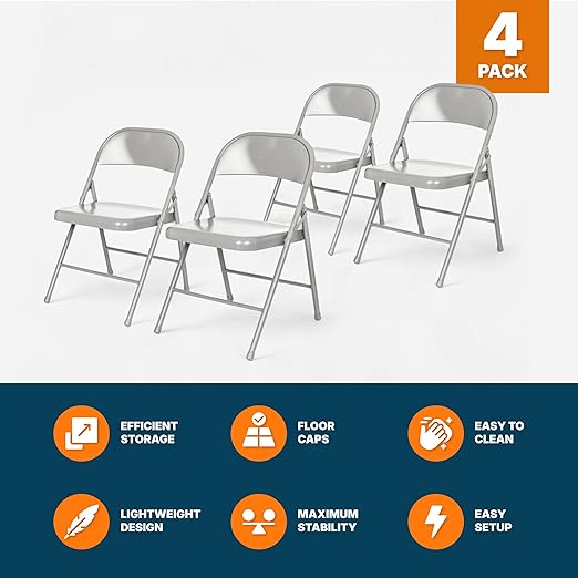 OEF Furnishings OEF900 Series Premium Lightweight All-Steel Folding Chairs (4-Pack, Gray)