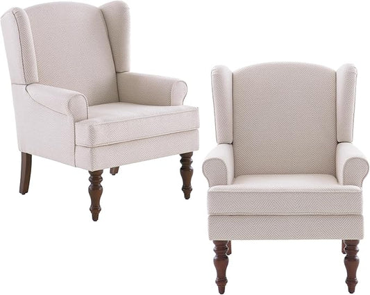 HUIMO Living Room Chair Upholstered High Back Armchair Retro Printed Wingback Chair in Linen for Bedroom & Study Comfy Accent Sofa Chair Reading Chair Holds 300lbs (Navy Blue) (2, Tan SJW-2PCS)
