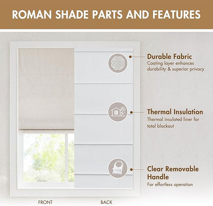 Madison Park Cordless Roman Shades, Total Blackout Window Blind Privacy Window Shades, Thermal Insulated Cordless Window Treatment for Bedroom, Living Room, Quincy, Single Panel 35" W X 64" H Linen