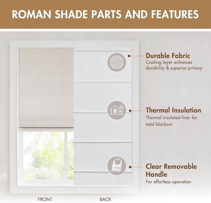 Madison Park Cordless Roman Shades, Total Blackout Window Blind Privacy Window Shades, Thermal Insulated Cordless Window Treatment for Bedroom, Living Room, Quincy, Single Panel 29" W X 64" H Linen