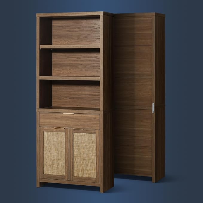 Hampstead Bookcase, Rattan Bookcase with Doors Cabinet and Drawer, 5-Tier Bookshelf, Large Wooden Book Case, Tall Bookshelves for Library Living Room (Special Walnut, 1 Piece)