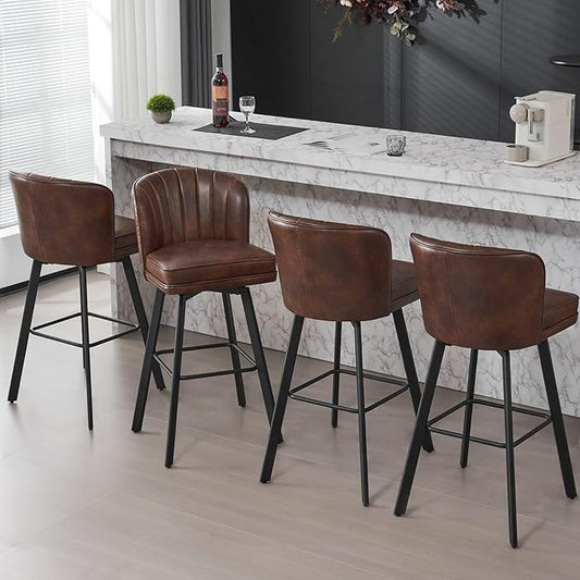 Swivel Counter Height Bar Stools Set of 4, 30'' Modern Barstools with Backs and Metal Legs, Upholstered Bar Chairs, Faux Leather Brown Stools for Kitchen Island Chairs