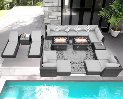 NICESOUL 18 Piece Patio Furniture Set with Fire Pit, Luxury Full Size Patio Sets with Fire and Matching Chaise Loungers, Extra Large 14-Seater Outdoor Seating Sectional Comfy Wide Deep High Back, Grey