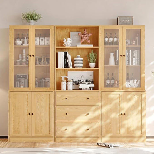 VOWNER Vertical File Cabinet, 3-Tier Modern Bookshelf with 3 Large Drawer, Wood Filing Cabinet with Open Storage Shelf, Glass Doors and Fixed Storage Shelves for Home Office, Wood