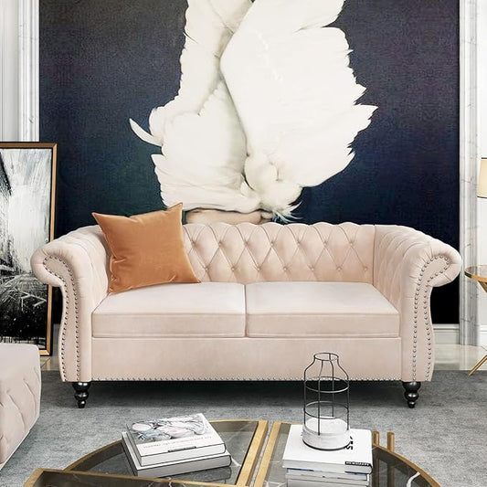 Chesterfield Loveseat Sofa, Modern Velvet Small Sofa Couch 2 Seater with Rolled Arms and Nailhead, Mid Century Modern Loveseat Couch for Small Spaces Living Room Bedroom Apartment, Beige