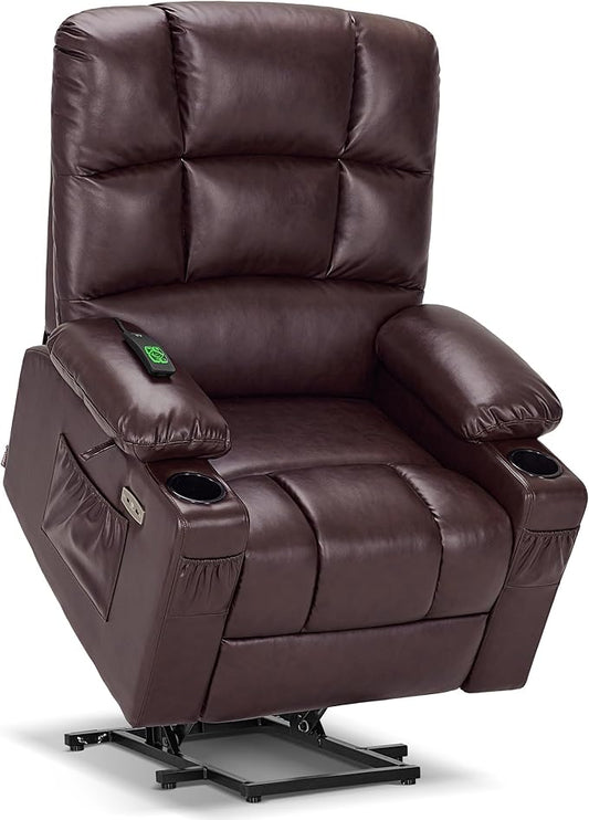 MCombo Large Dual Motor Power Lift Recliner Chair for Elderly, Massage and Heat, Lay Flat, Zero Gravity, Home Button, USB Port, Faux Leather 7680 (Light Brown, Large)