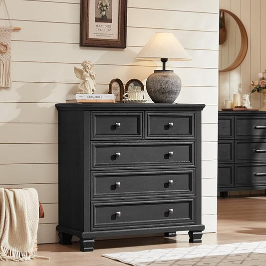 Farmhouse Bedroom Dresser and Nightstand Set of 4, 6 Drawer Tall & 5 Drawers Dresser & 2 Drawer Nightstand Set, Rustic Wood Bedroom Furniture Set for Livingroom, Hallway, Black