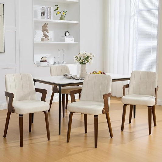 Kitchen Dining Chairs Set of 4, Faux Leather Upholstered Dining Room Chairs with Wood Arms and Legs, Mid Century Modern Kitchen Side Chair for Living, Bedroom, Restaurant, Walnut/Beige
