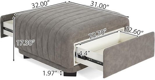 Christopher Knight Home Reyno Upholstered Ottoman with Storage for Living Room, Faux Leather Storage Ottoman Foot Rest with Side Drawers, Modern Square Coffee Table with Wooden Frame, Grey